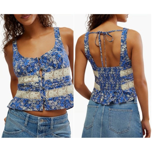 Free People Tops - Free People Floral Tank Top Crochet Trim Button Down Sleeveless Blouse Medium
